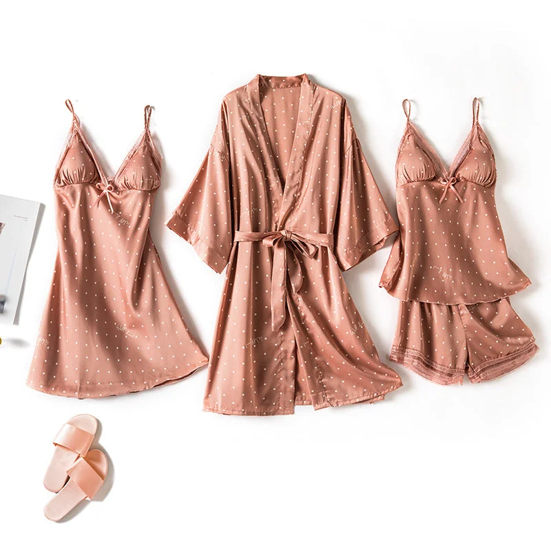 Womens christmas sexy nightwear holiday festive-Print Dot Lady Nightwear Satin 4PCS Pajamas Set For Women