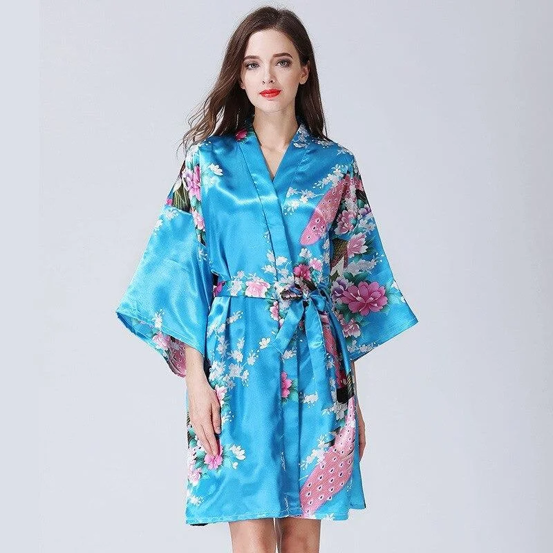 Womens waffle knit robes spa day luxury-Kimono Femme<br> Bleu