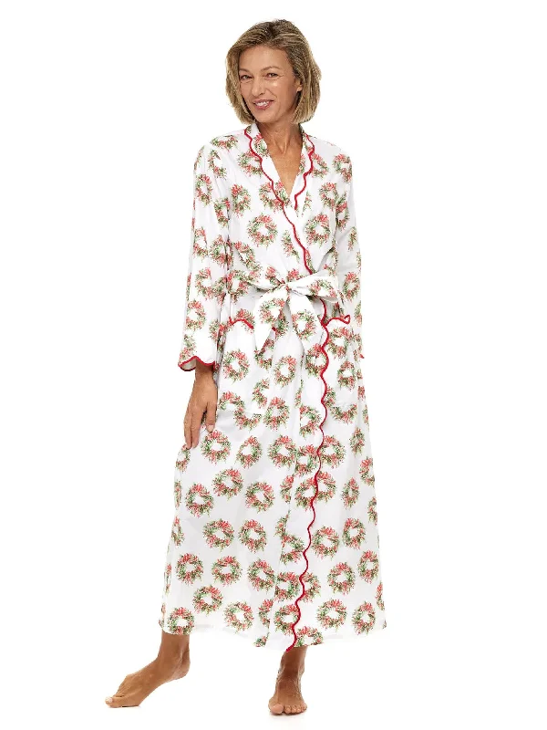 Womens robes cozy for cold weather warm-Holiday Wreath Print Classic Robe