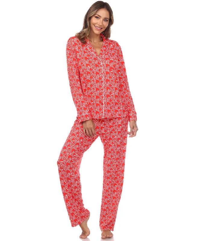Vintage inspired sexy lingerie retro -Long Sleeve Red Hearts Print Pajama Set