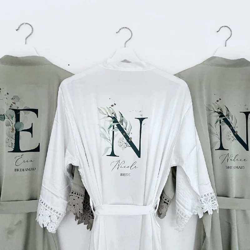 Womens bridal robes satin wedding day-Eucalyptus Floral Initial Personalised Bridesmaid Robe Womens bridal robes satin wedding day-Eucalyptus Floral Initial Personalised Bridesmaid Robe