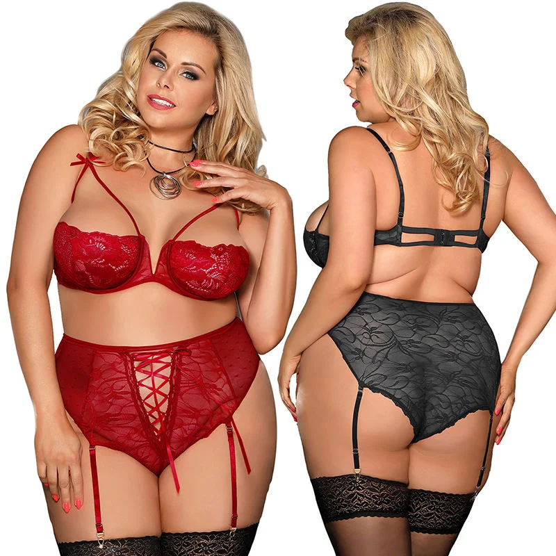 Bralette and lace panty sexy lingerie tame -Plus Sassy Secret Floral Lace Lingerie