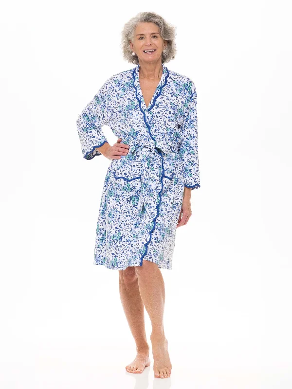 Womens flannel robes cozy winter warmth-Blue Floral Pima Knit Short Classic Robe