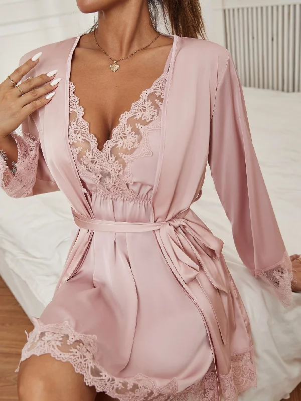 Womens Robe sets that are stylish -Embroidered  Satin Slips With Belted Robe