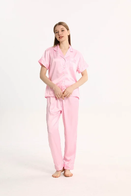 Women's pajama sets for the modern woman sophisticated -Pink Personalised Short Sleeve & Trousers Satin Pyjamas Women's pajama sets for the modern woman sophisticated -Pink Personalised Short Sleeve & Trousers Satin Pyjamas