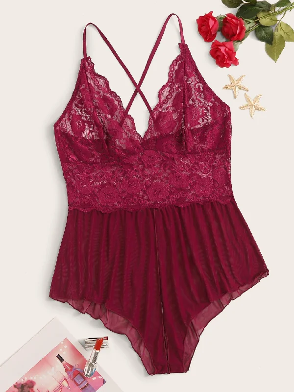 SHEIN lace lingerie under $5 -Plus size  Mesh Lace Teddy Bodysuit