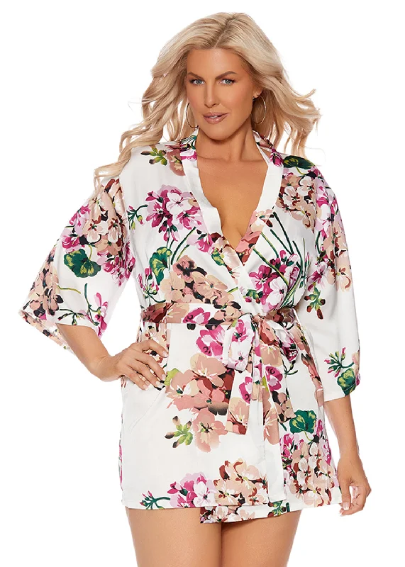Womens petite robes small frames fit-Floral Charmeuse Kimono Robe Plus
