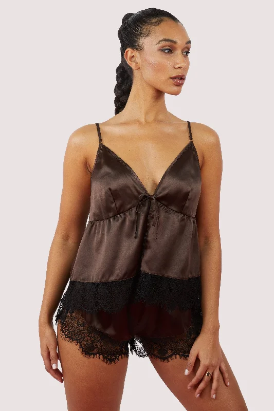 Solar-charging sleep tops with LED lights-Alaia Chocolate Brown Caged Cami Pyjama Top & Shorts