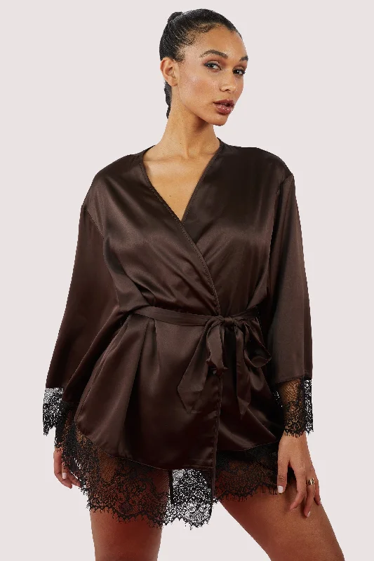 Crisscross back sleep tops for style-Alaia Chocolate Brown Caged Kimono