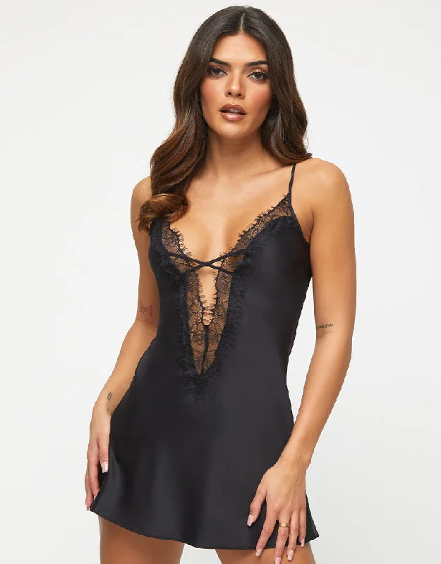 Recycled polyester sleep tops for sustainability-Ann Summers Cherryann Sustainable Chemise Black Recycled polyester sleep tops for sustainability-Ann Summers Cherryann Sustainable Chemise Black