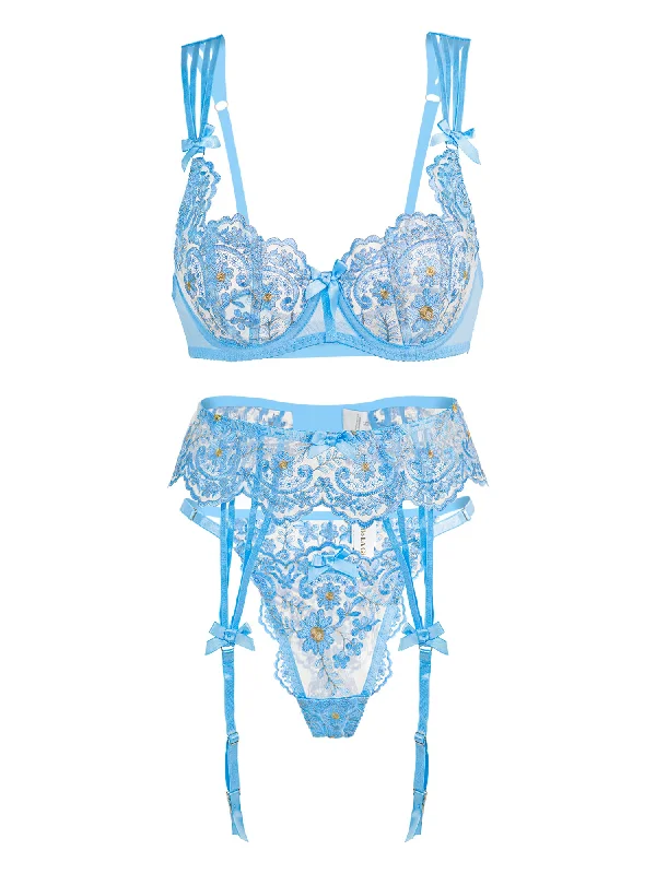 Brocade corset for women classy -Azure Blossom Embroidery Lingerie Set