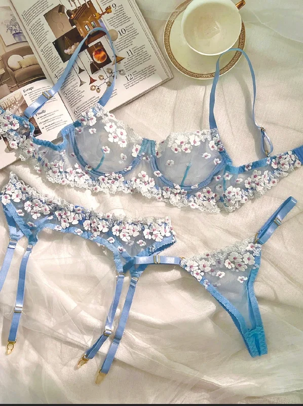 Hip gores corset shaping -Blue Cherry Blossoms Sheer Lace Lingerie Set