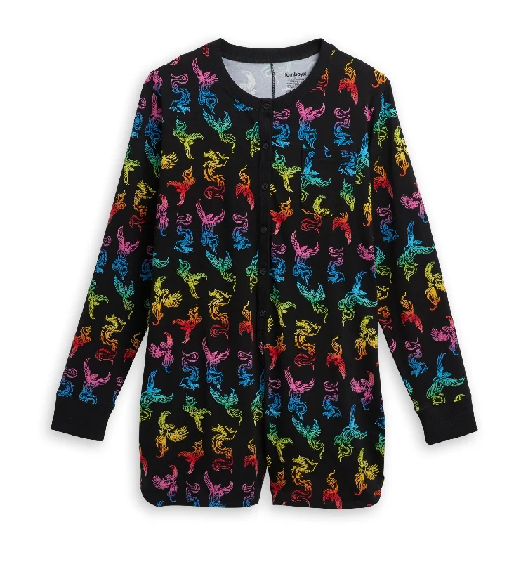 Odor-resistant sleep tops for night workouts-Button Up Romper - Rainbow Phoenix