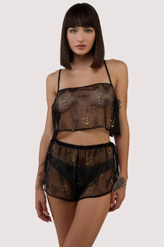 Sleep tops with adjustable drawstring waist-Faith Astrology Embroidery Sheer Cami Set