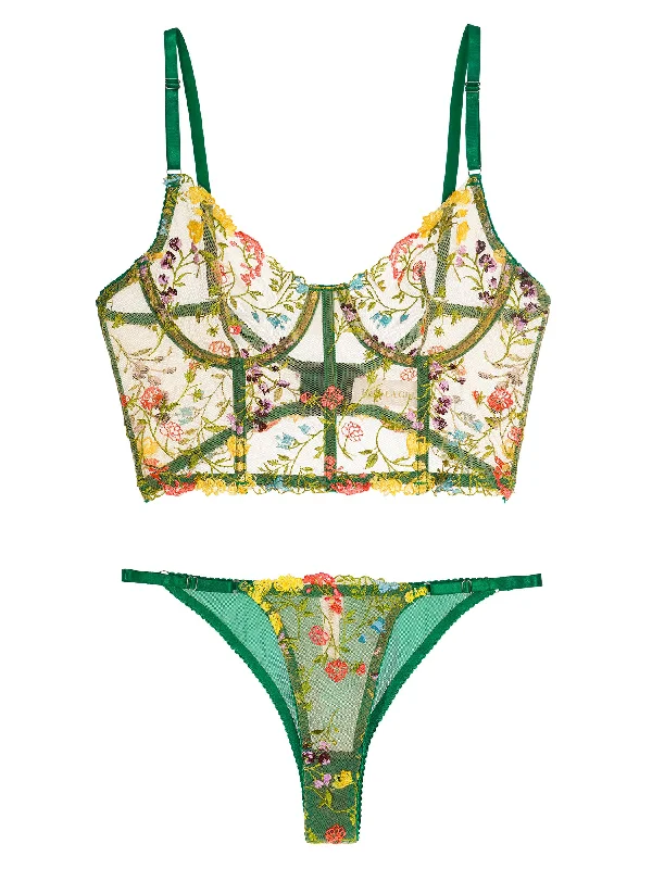 Steel boned corset for women hourglass -Green Floral Sexy Sheer Embroidered Lingerie Set Steel boned corset for women hourglass -Green Floral Sexy Sheer Embroidered Lingerie Set