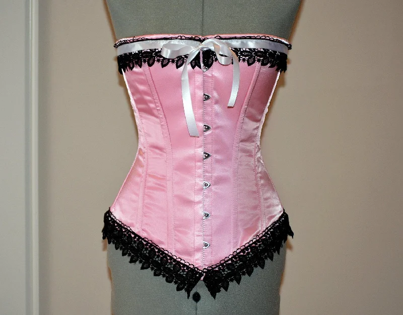 Womens Bustiers & Corsets to wear as top -Historic pink satin overbust authentic corset with black lace. Steel-boned corset for tightlacing. Prom, gothic, steampunk Victorian corset. Womens Bustiers & Corsets to wear as top -Historic pink satin overbust authentic corset with black lace. Steel-boned corset for tightlacing. Prom, gothic, steampunk Victorian corset.