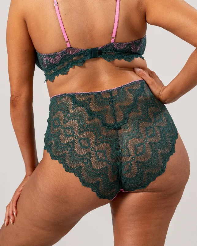 womens panties removable -Lace Highwaist Briefs Pine Green/Candy Pink