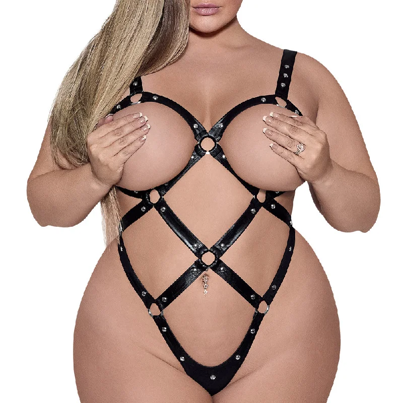 White bustier for women bridal -Lust Fetish Contessa Cupless Wet Look Cage Strap Teddy - Curvy