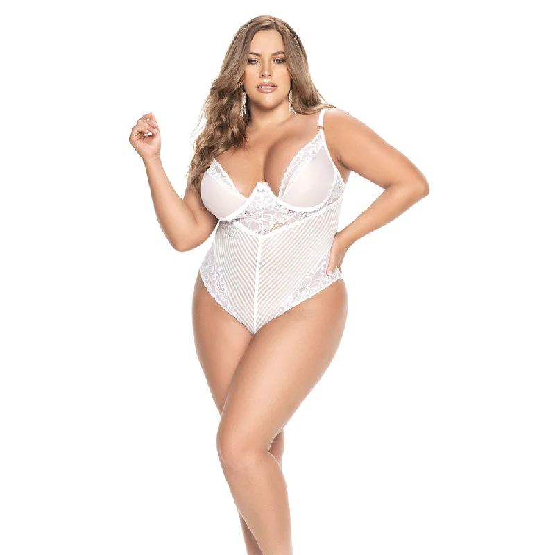 Where to purchase Bustiers & Corsets -Mapale Lace & Stripes Open Rear Teddy With Garters - Curvy