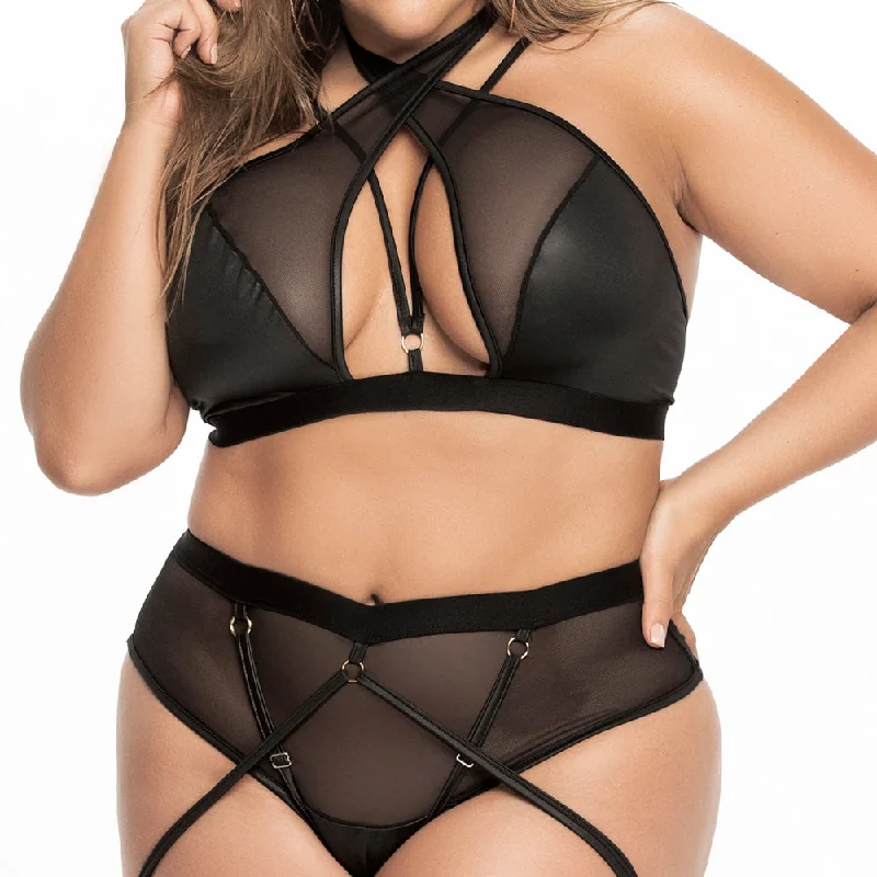 Womens Bustiers & Corsets to wear as top -Mapale Strappy Mesh Lingerie Set With Wraparound Thigh Garter - Curvy Womens Bustiers & Corsets to wear as top -Mapale Strappy Mesh Lingerie Set With Wraparound Thigh Garter - Curvy