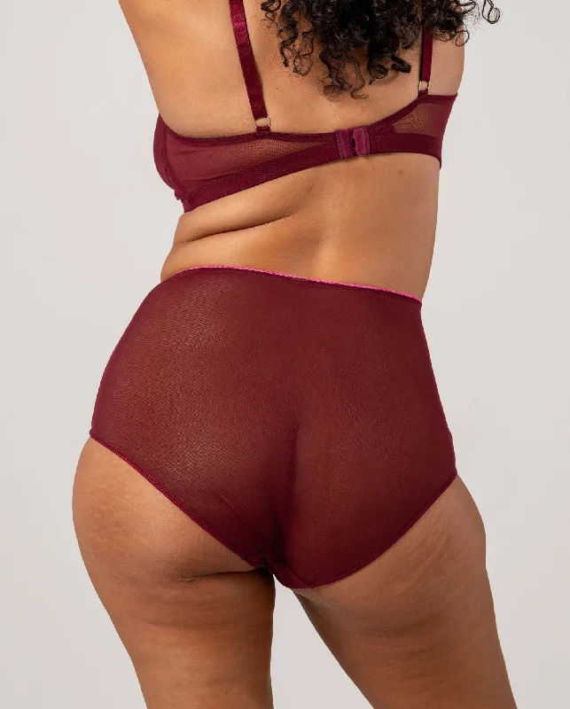 Women's Seamless Thong Panties -Mesh Highwaist Briefs Burgundy/Neon Pink