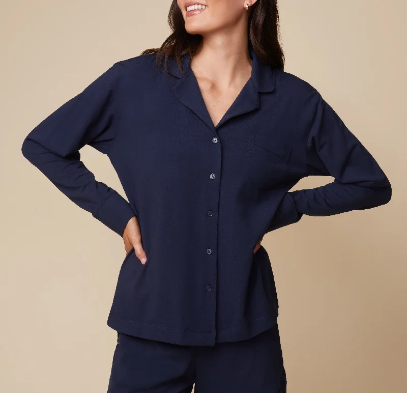 Sleep tops with heart rate monitor window-Perfect Pima Long Sleeve PJ Shirt - Navy