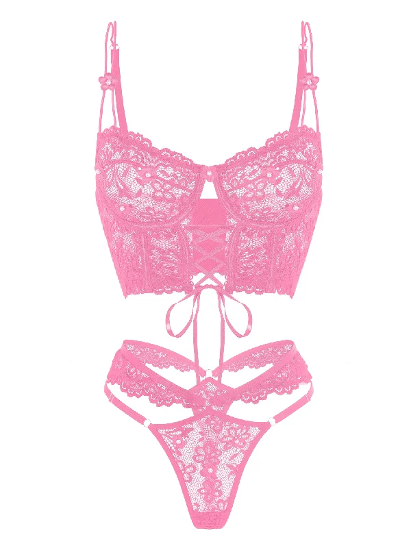 When is it appropriate to wear a bustier? -Pink Pearls Small Flower Lace Lingerie Set