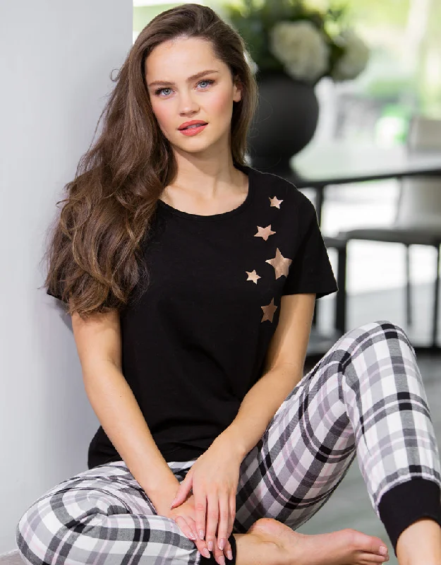Self-cleaning sleep tops (silver ion tech)-Pour Moi Cosy Check Trouser & Jersey T-Shirt Pyjama Black/Ivory Self-cleaning sleep tops (silver ion tech)-Pour Moi Cosy Check Trouser & Jersey T-Shirt Pyjama Black/Ivory