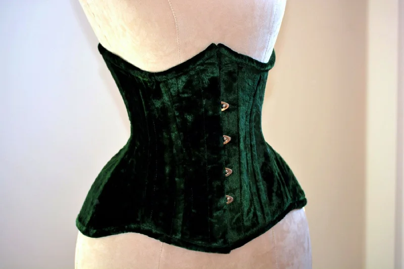 Durable double stitched bustier longevity -Real double row steel boned underbust velvet corset of short design with long hips Durable double stitched bustier longevity -Real double row steel boned underbust velvet corset of short design with long hips
