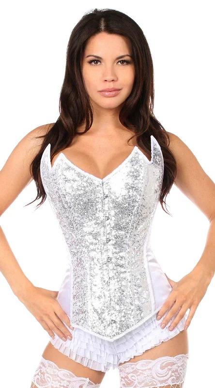 Durable double stitched bustier longevity -Sequin Pointed Top Steel Boned Corset in White/Silver Durable double stitched bustier longevity -Sequin Pointed Top Steel Boned Corset in White/Silver
