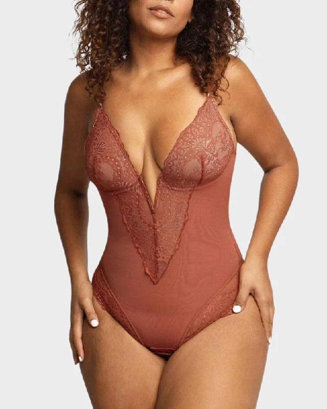 Removable straps corset versatility -Sexy Lace Deep-V Neck Bodysuit