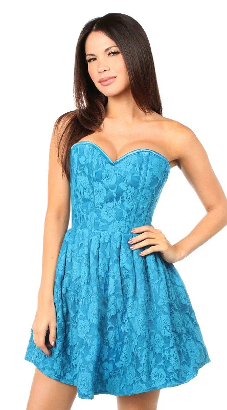 What is the difference between a bustier and a corset? -Steel Boned Lace Empire Waist Corset Skirt in Teal What is the difference between a bustier and a corset? -Steel Boned Lace Empire Waist Corset Skirt in Teal