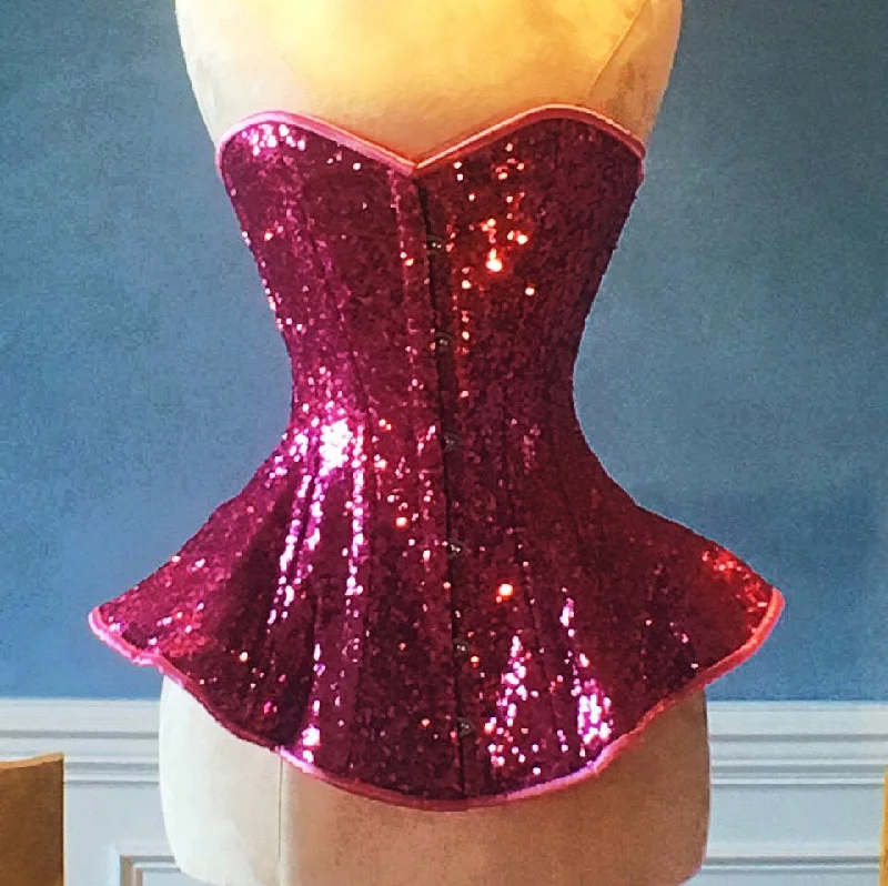 Built in bra bustier support -The Ramona Corset. Bespoke high quality authentic peplum style corset from pink sequins on steel bones Built in bra bustier support -The Ramona Corset. Bespoke high quality authentic peplum style corset from pink sequins on steel bones