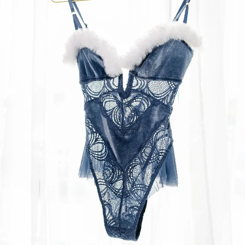 Bodysuit for hourglass figure -Lace and Velvet Crotchless Teddy - Winter Blue