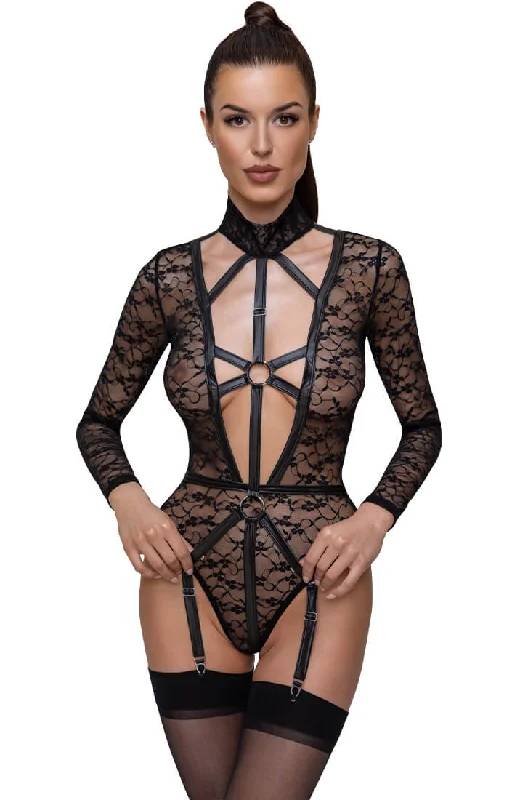 Bodysuits and teddies with different patterns-Lace bodysuit with harness look - Restricted Access