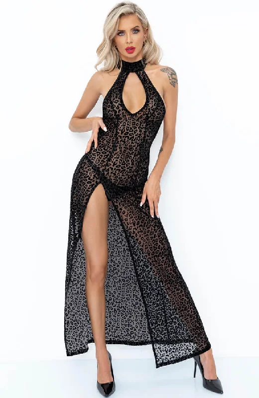 Bodysuit with built in bra for support -Long sheer black dress with flock leopard print - Fiercely Wild Bodysuit with built in bra for support -Long sheer black dress with flock leopard print - Fiercely Wild