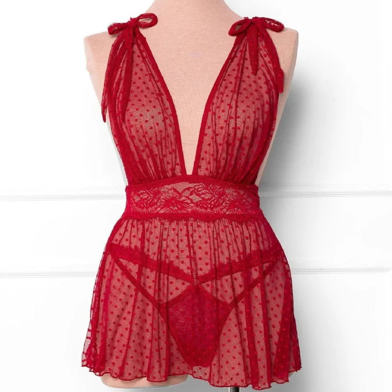 Bustier bodysuit for waist training -Polka Dot Mesh Babydoll - Red