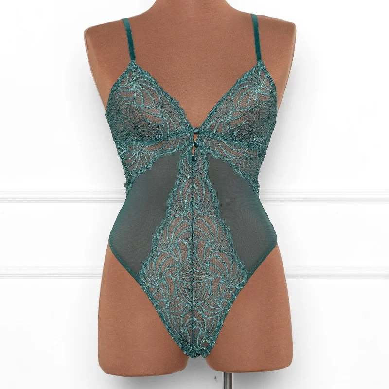 Bodysuits with sturdy material not easy to rip -Scalloped Lace & Mesh Button Crotchless Teddy - Emerald Bodysuits with sturdy material not easy to rip -Scalloped Lace & Mesh Button Crotchless Teddy - Emerald