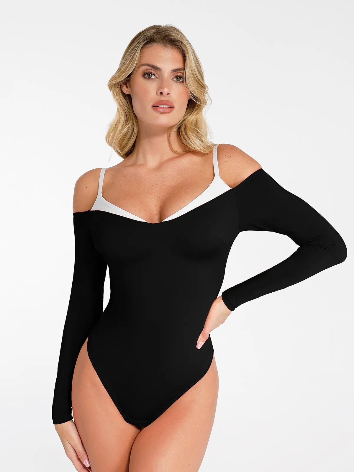 Bodysuit with built in bra for support -Shapewear Long Sleeve Cold Shoulder Tummy Control Bodysuit Bodysuit with built in bra for support -Shapewear Long Sleeve Cold Shoulder Tummy Control Bodysuit