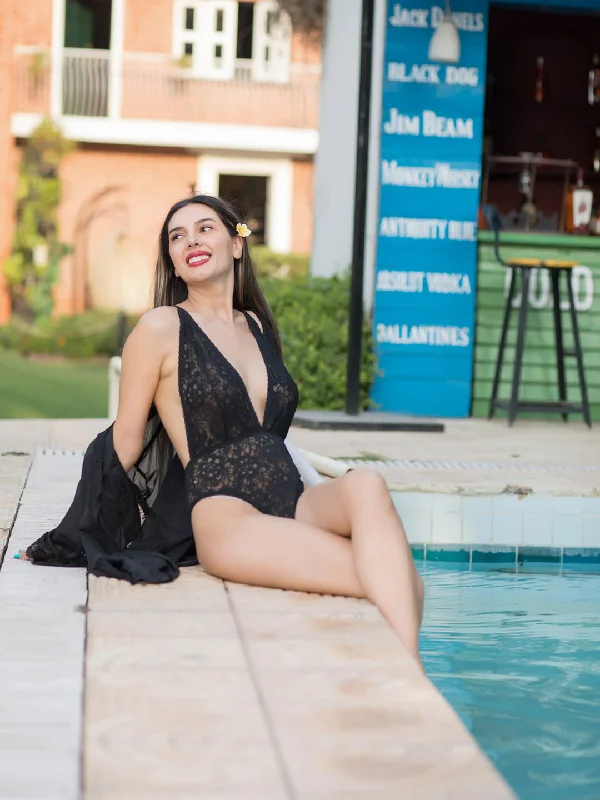 Bodysuits black Friday and seasonal sales -Overall Lacy with Deep Neck Sensual Teddy Dress Bodysuits black Friday and seasonal sales -Overall Lacy with Deep Neck Sensual Teddy Dress