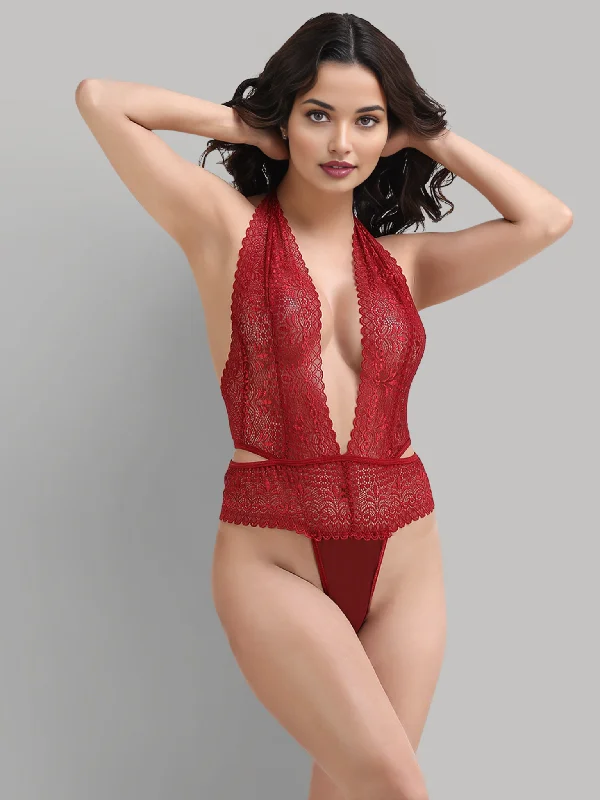 Bodysuits & Teddies with free shipping -Overall Lace Exquisite Maroon Teddy Dress