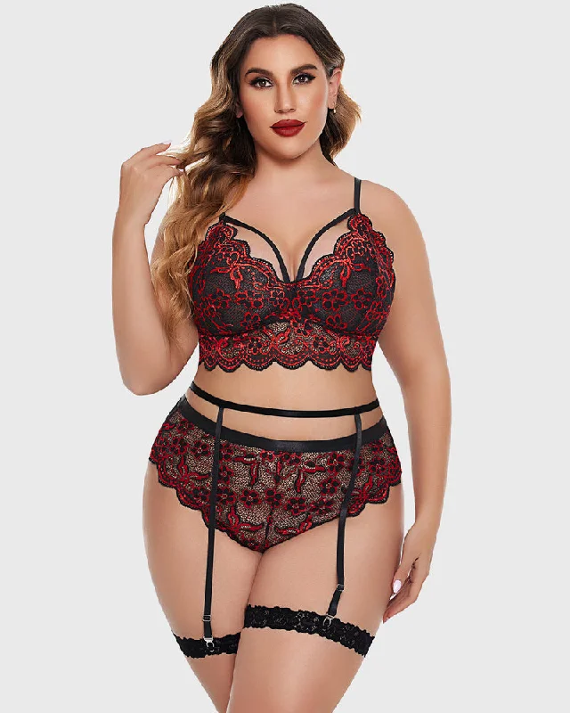 Bra and panty sets with lace trim -Plus Size Floral Lace Trim Bra High Waist Panties Set