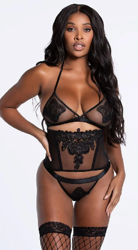 Bra and panty sets with amazing deals -Crochet Applique Mesh Bra Set