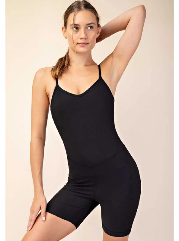 Boyshort bikini bottoms for sporty style -Rae Mode Women's Nylon Ribbed Spaghetti Strap Romper - Black Boyshort bikini bottoms for sporty style -Rae Mode Women's Nylon Ribbed Spaghetti Strap Romper - Black