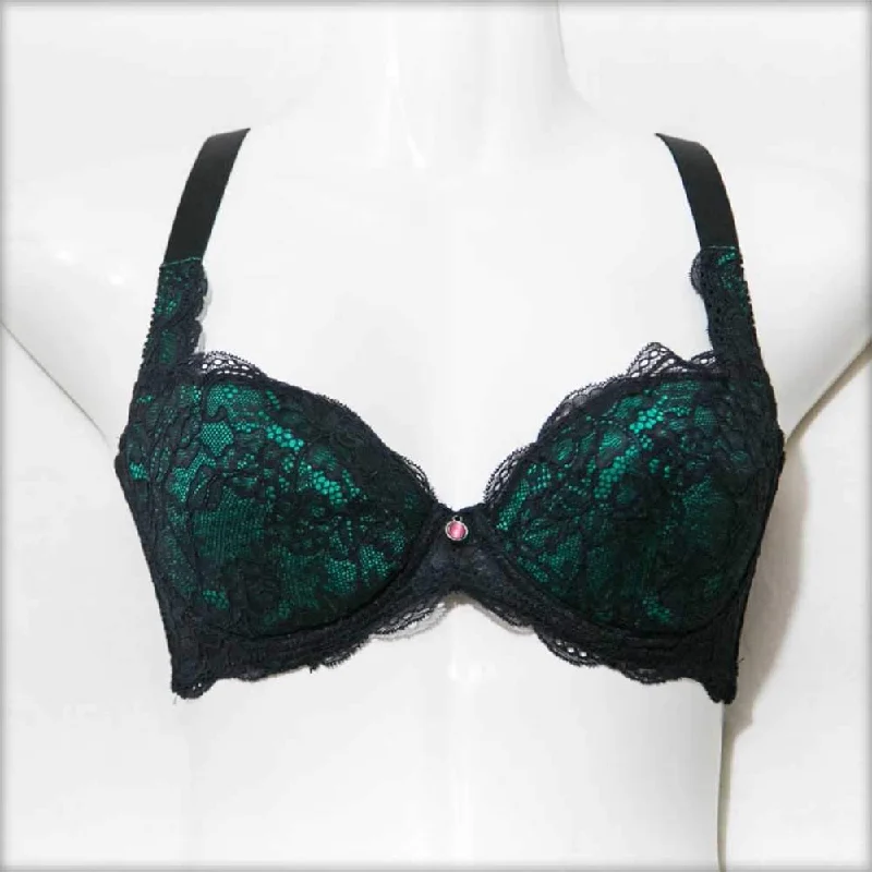 Push up bras for large busts DD cup -Green & Black Underwired Single Padded Bra