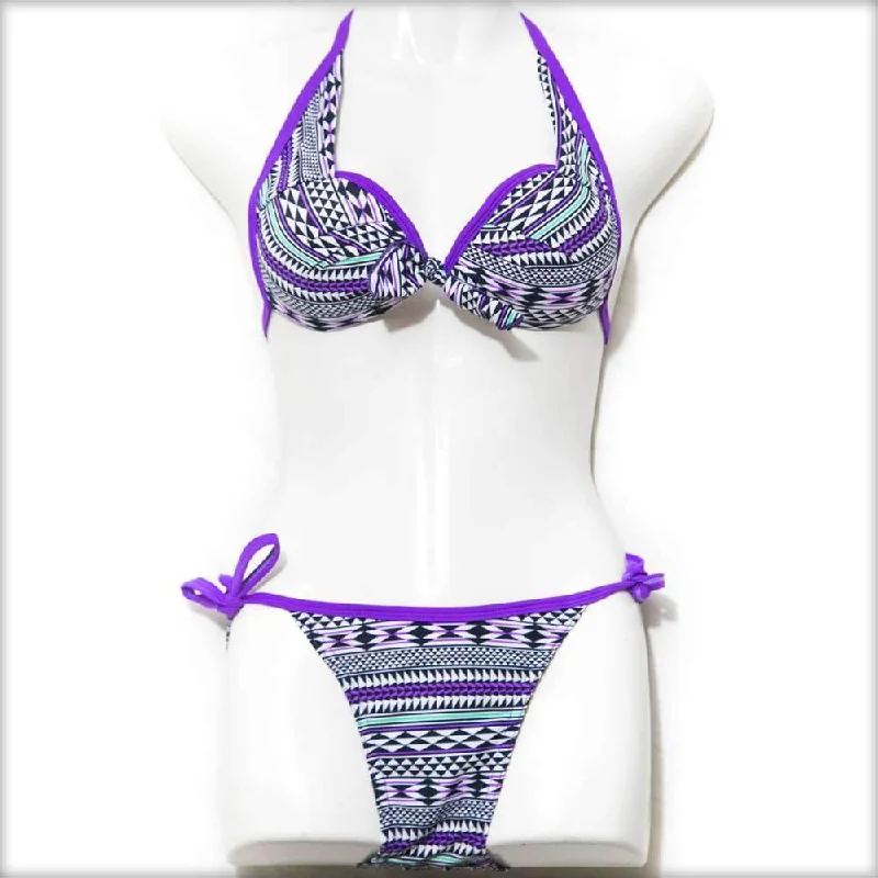 Push up bras that are durable -Purple Pattern Bikini Set