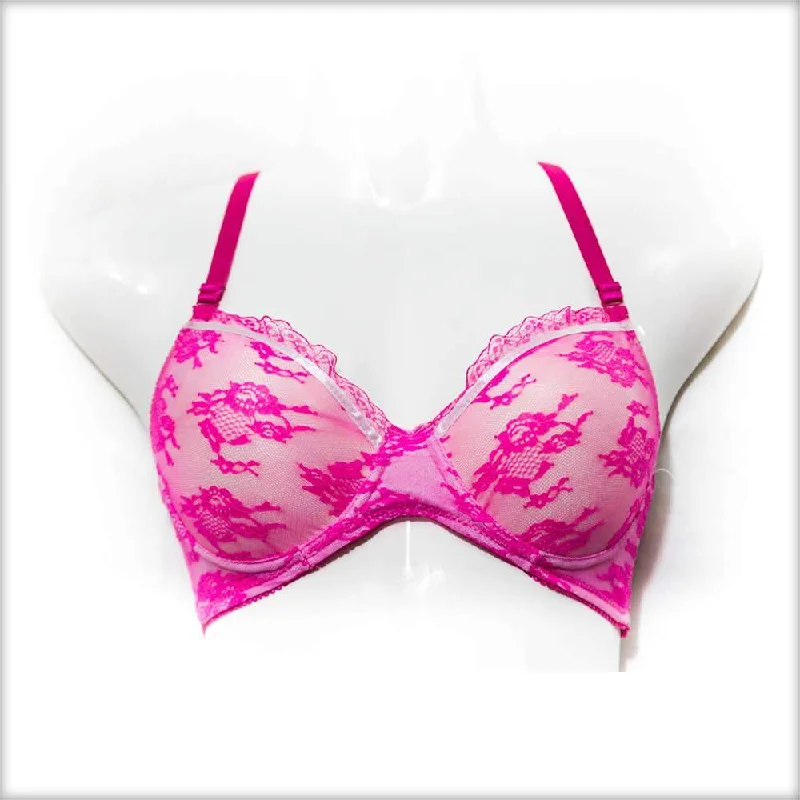 Push up bras for travel -Shocking Pink Single Padded Net Underwired Bra