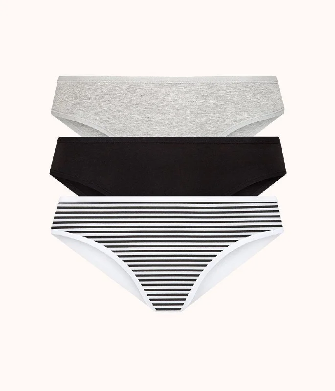 Deep V bras for long lasting wear -The Cotton Bikini Bundle: Heather Gray/Jet Black/Black/White Mini Stripe