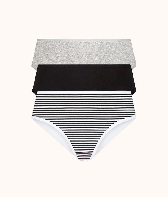 Deep V bras that are machine washable -The Cotton Brief Bundle: Heather Gray/Jet Black/Black/White Mini Stripe