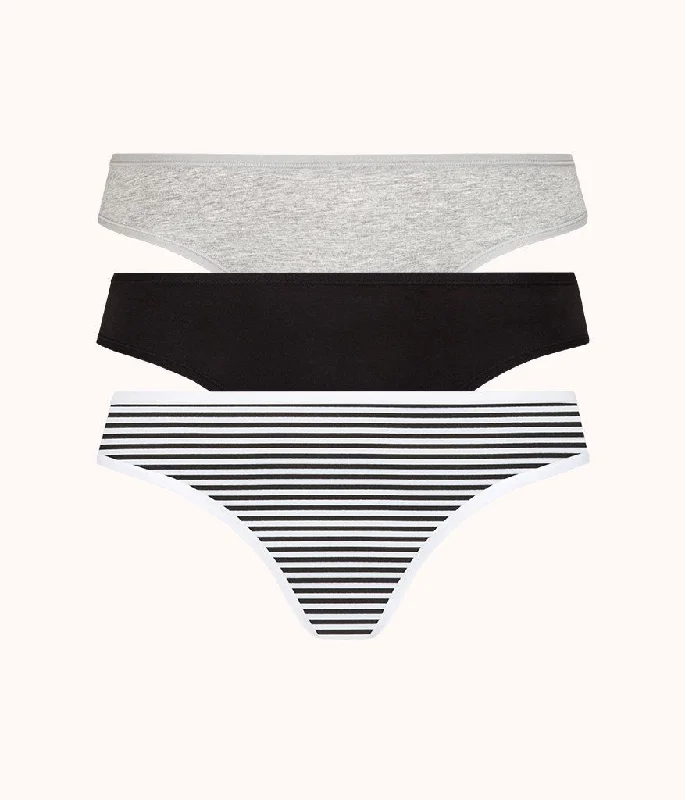 Deep V bras for different seasons -The Cotton Thong Bundle: Heather Gray/Jet Black/Black/White Mini Stripe